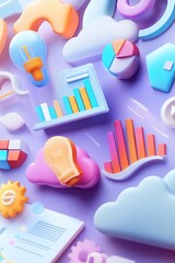Poster - 3d render of colorful business icons floating over purple background with light bulbs and clouds