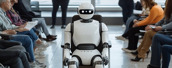 Poster - White humanoid robot sitting in airport lounge surrounded by passengers