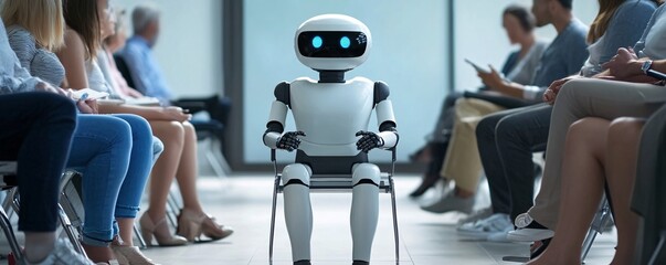 Poster - White humanoid robot sitting in a waiting room full of people