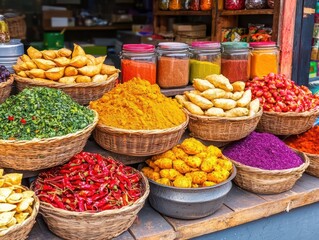 A spice market in India with colorful spices in baskets, vendors selling chai and samosas