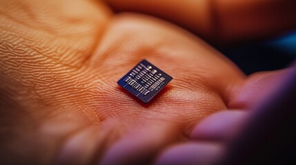 Leinwandbilder - Engineer holding tiny microchip in open hand