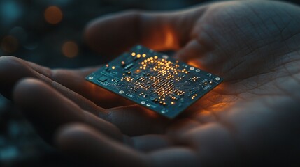 Leinwandbilder - Engineer holding glowing computer circuit board in open hand