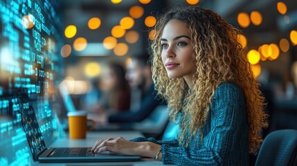 Young woman focused on coding at a laptop in a modern workspace with blurred background lights