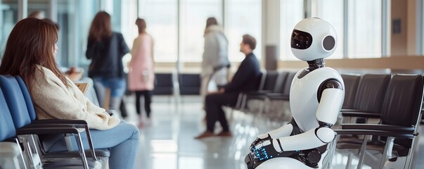 Poster - Humanoid robot sitting in airport terminal waiting area