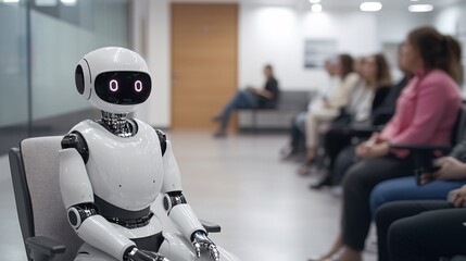 Leinwandbilder - White humanoid robot sitting in waiting area with people