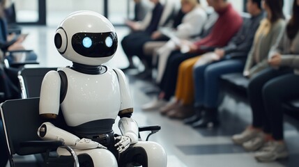 Fototapete - Medical robot sitting in hospital waiting room with patients