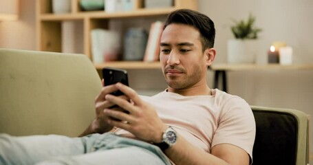 Poster - Home, relax and man with a cellphone, social media and connection with digital app, typing and internet. Person on a couch, apartment and guy with smartphone, online reading and blog for news post