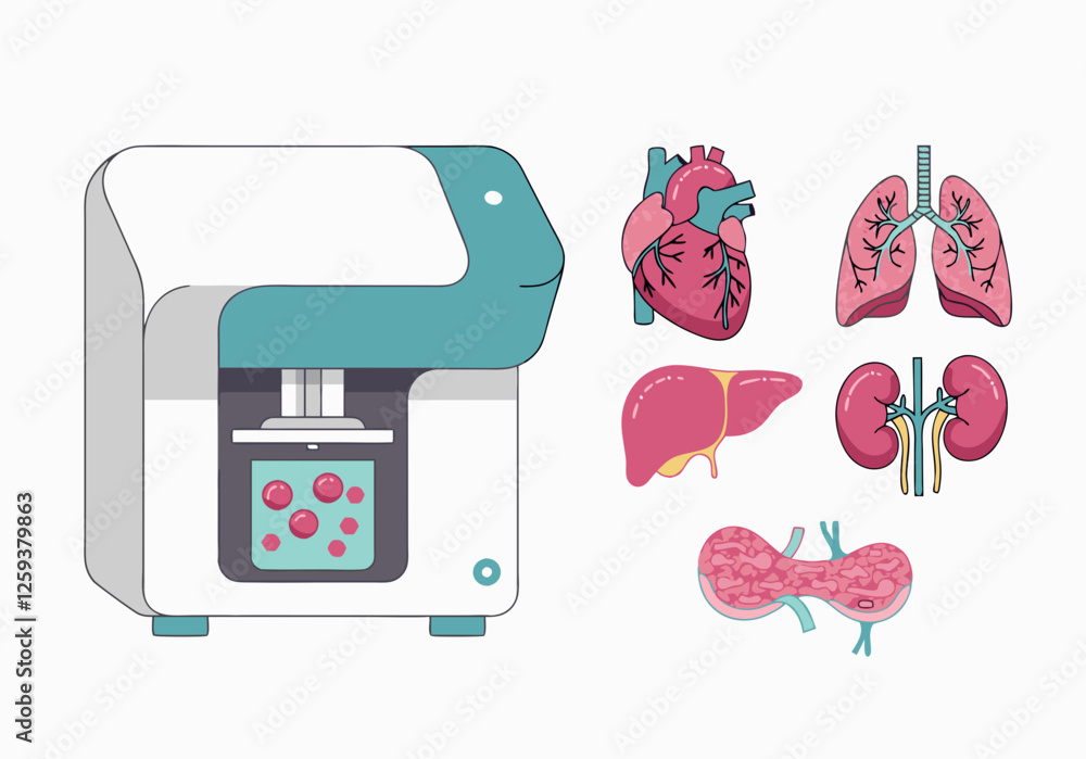 Biomedical Digrams Medical bioprinter and Organ Diagrams. An illustration featuring a ...