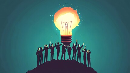 Poster - Businessmen celebrating new idea under light bulb on top of mountain