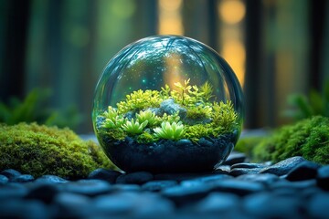 cosmic garden terrarium miniature emerald planet floating in glass sphere bioluminescent flora starr