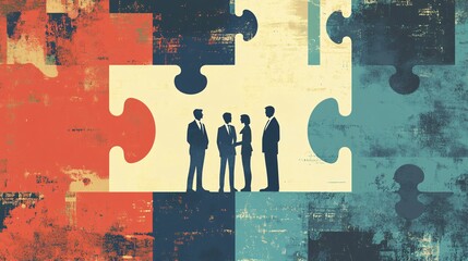 Poster - Business people discussing over jigsaw puzzle pieces