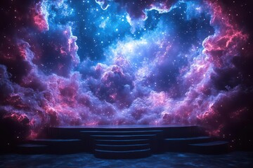 Wall Mural - cosmic theater stage with floating nebula clouds star clusters and deep space phenomena in rich purp