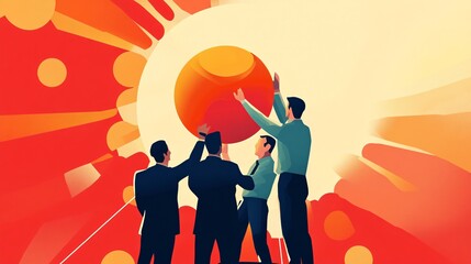 Poster - Businessmen holding a red sphere and reaching for success