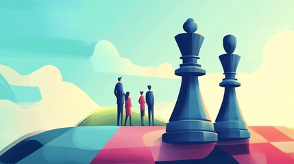 Poster - Business people looking at giant chess pieces on checkerboard