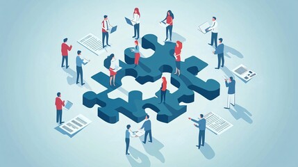 Poster - Business people working together connecting jigsaw puzzle pieces as a team