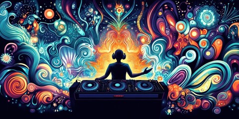 Wall Mural - Psychedelic dj mixing music amidst swirling colors and energy