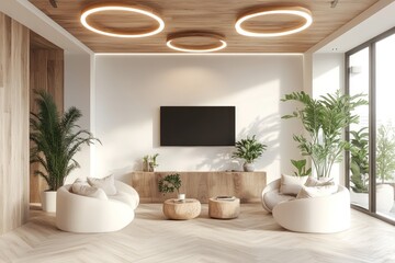 Wall Mural - Modern minimalist living room, sunlight, plants, relaxation