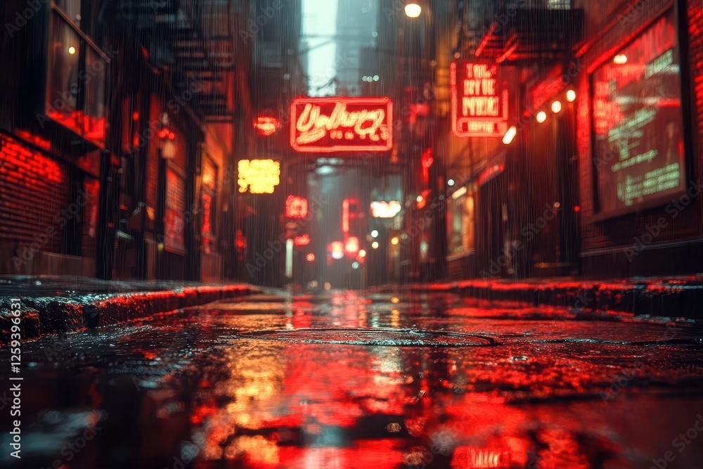 cyberpunk city alley at midnight with glowing neon reflections on wet ...