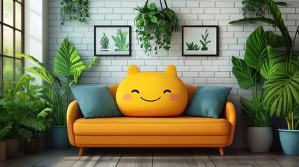 Poster - Happy cushion on sofa, plant-filled room, interior design