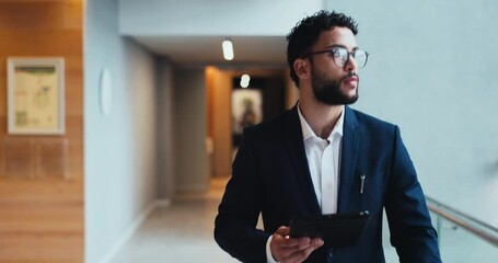 Poster - Walking, thinking or businessman in office with tablet, economy update or investment banking career. Finance, ideas and professional investor reading news online for research in financial company