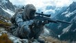 © kanesuan - Robot sniper unit in prone position on mountain ridge, advanced scope activated, ghillie suit integration