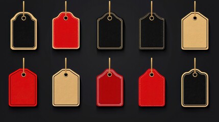 Wall Mural - Set of leather tags in gold and red colors arranged on a wooden surface for labeling or decoration purposes