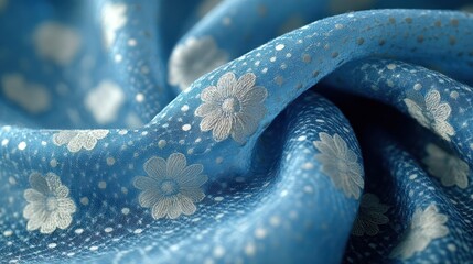 Poster - Blue floral fabric swirl, close-up, textured, studio