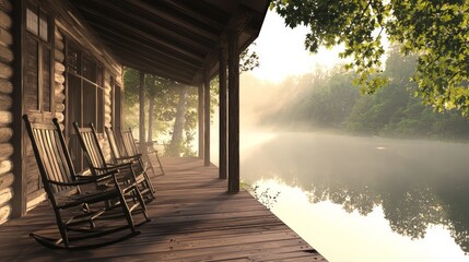 Poster - Serene Lakeside Cabin with Rocking Chairs on Peaceful Water