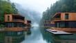 © Almahyra - Mountain lake luxury cabins, misty valley, serene reflection, travel brochure