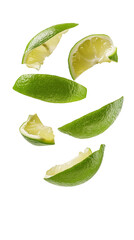 Wall Mural - flying Sliced bergamot fruit with leaf isolated on transparent white background, clipping path