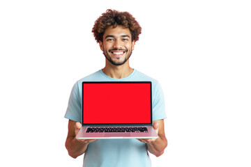 Wall Mural - Man in blue shirt holding laptop with red blank screen, isolated on white background. Concept for mockup, technology presentation, or advertisement. Ai generative