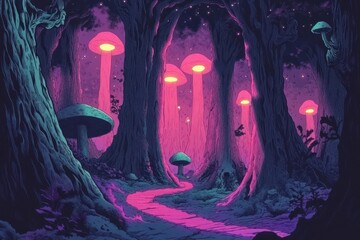 Sticker - Neon mushrooms illuminate a magical forest path at twilight