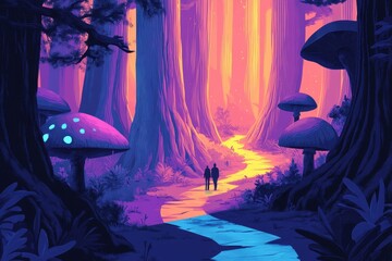 Sticker - Couple walking through a vibrant and colorful fantasy mushroom forest