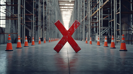 Wall Mural - Red Cross Symbol Blocking Warehouse Access