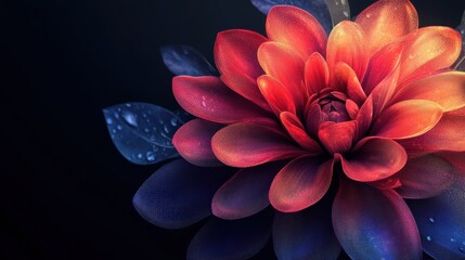 Poster - Vibrant flower, dark background, dew drops, closeup, website banner