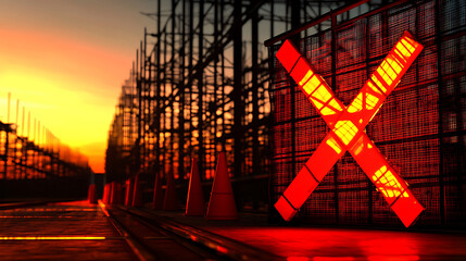 Wall Mural - Red Glowing Construction Site Barrier at Sunset