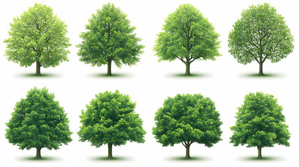 Eight lush green trees, summer foliage, isolated, design resource