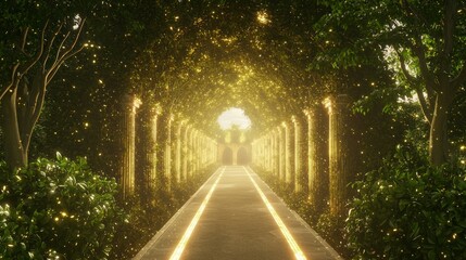 Wall Mural - Magical Pathway Through Enchanted Orchard with Sparkling Light Effects