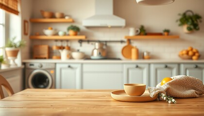 Sticker - blurred Modern natural kitchen interior with a empty wooden table and cabinets in a well-designed home