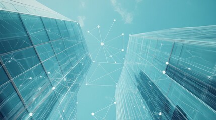 Wall Mural - A photograph depicting three glass skyscrapers connected by data lines, set against a blue sky background, captured from a low angle. The scene has a futuristic aesthetic