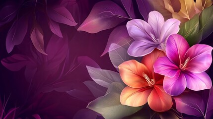 Wall Mural - Tropical flowers, dark leaves, background, design
