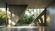 © Niken - Interior view of an open space with concrete walls and large windows. There is a forest in the background, and a wall has three triangular cutouts on it