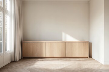 Wall Mural - Light wood cabinet in sunlit minimalist room