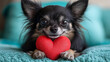 © Saowanee - cute long haired black chihuahua with smiling expression holds red heart shaped toy on teal blanket, creating heartwarming scene
