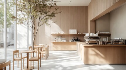 Poster - Minimalist cafe interior, sunlight, tree, wooden design, city view