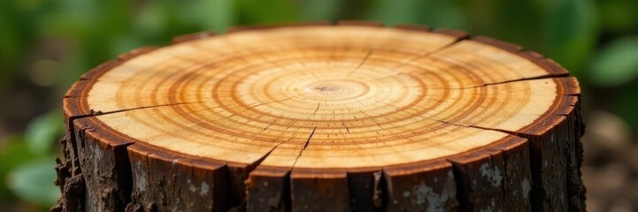 Rough-hewn tree stump, showing rings and texture, design, botany