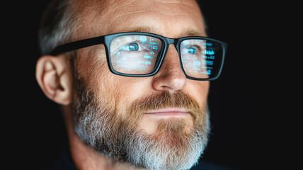 the digital visionary: a close-up portrait of a mature man with a beard, wearing glasses reflecting 