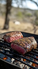 Wall Mural - Grilled Steak Sizzling on an Outdoor Grill with Visible Flames and a Natural Background