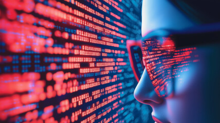code is poetry: a programmer gazes intently at a screen filled with lines of colorful code. the refl