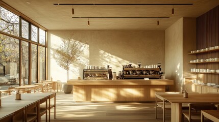 Poster - Sunny cafe interior, wooden furniture, coffee bar, sunlight streaming through large windows, minimalist design